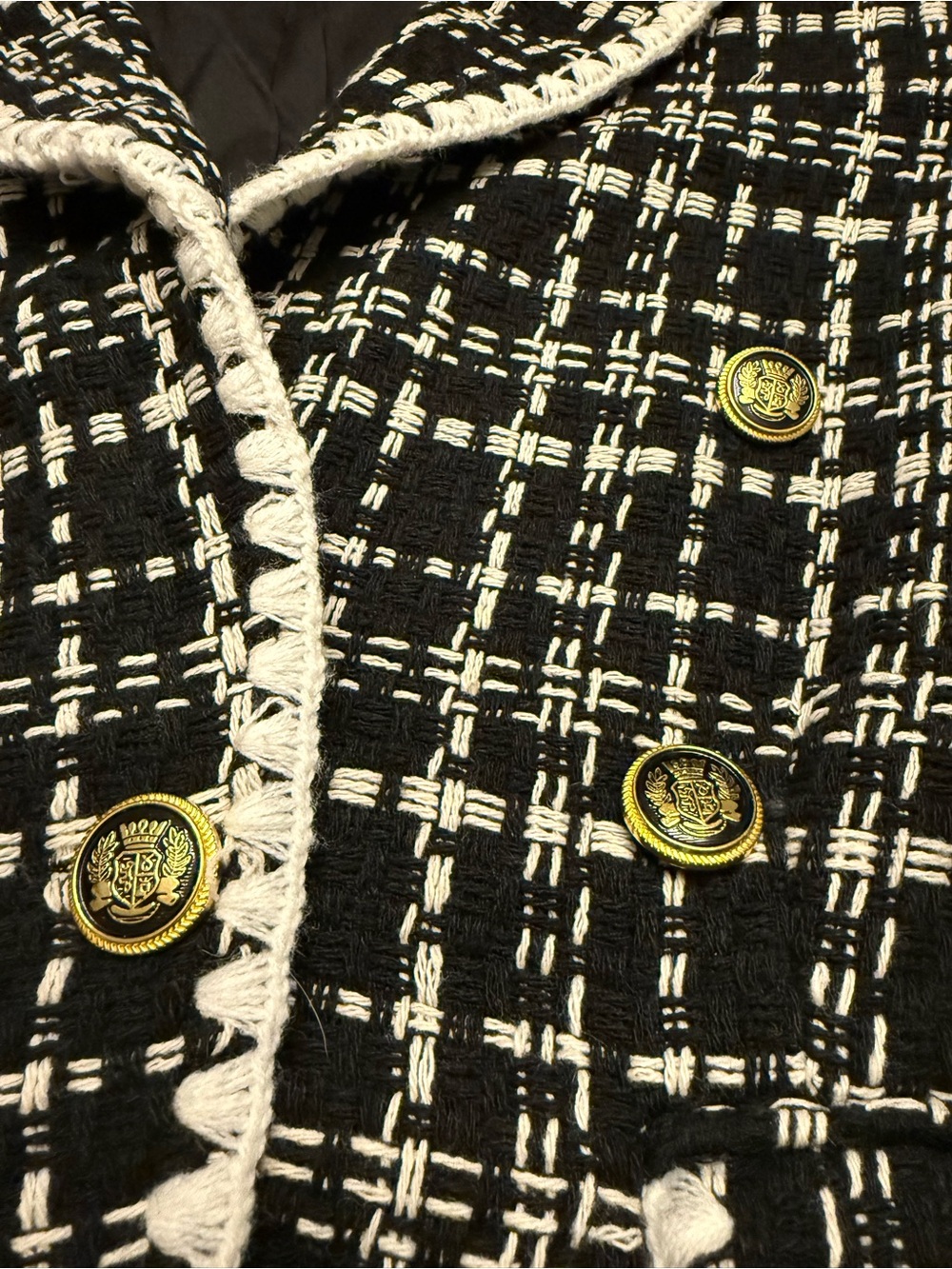 Laundry Shelli Segal Black White Plaid Tweed Blazer Jacket Blanket Stitch Med - Picture 8 of 11